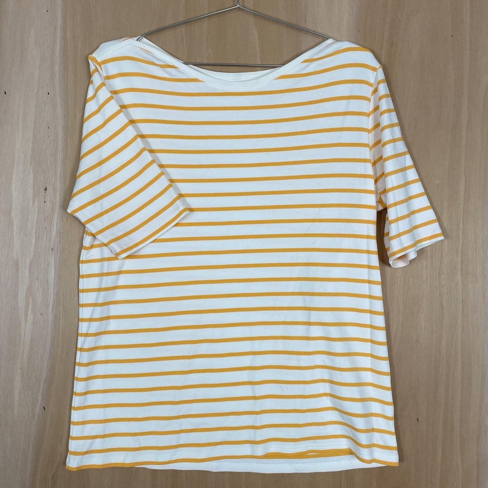 Lands End Shirt Womens XL White Yellow Stripe Boat Neck Cotton Top Casual Tee